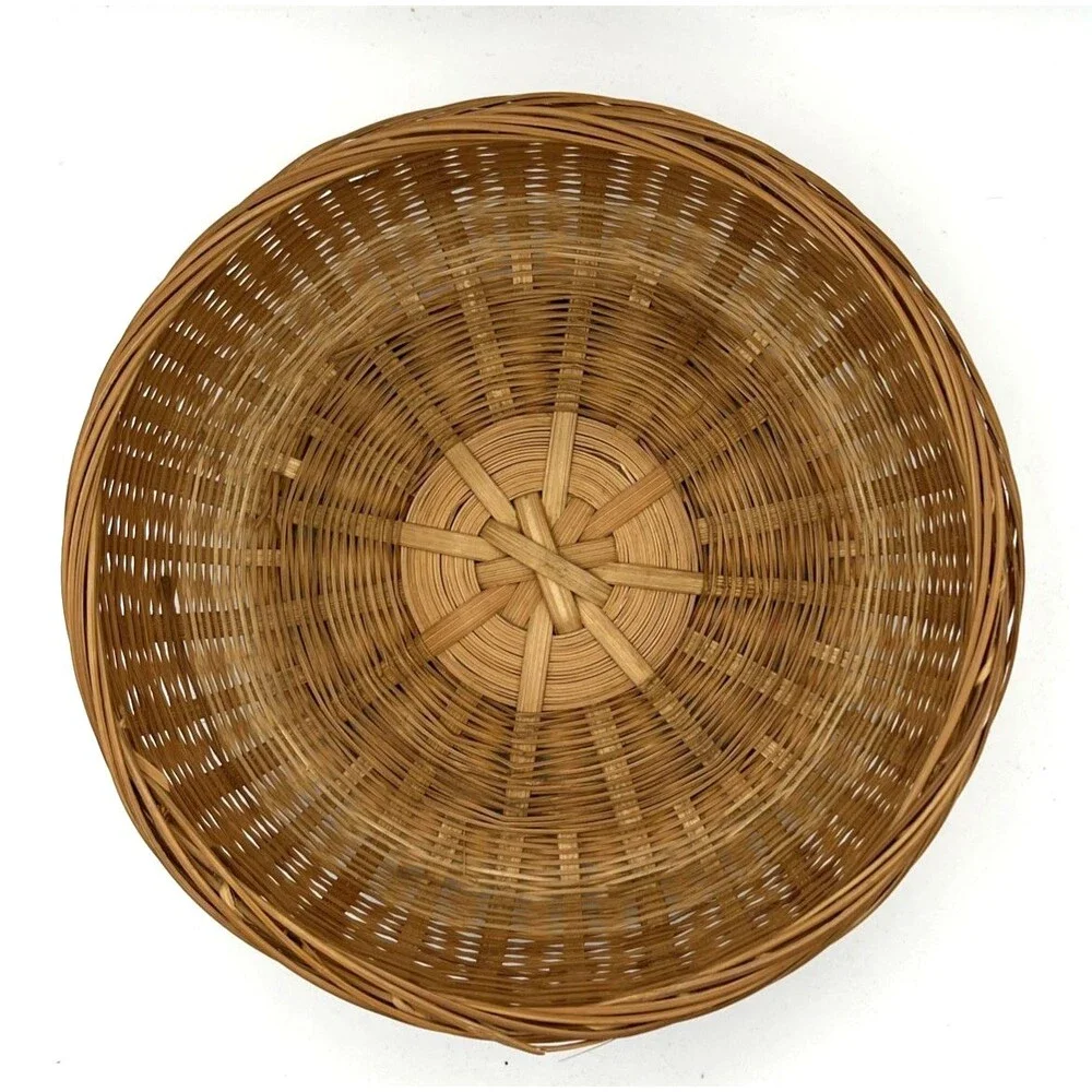 Vtg Woven Chinese Split Bamboo & Rattan Woven Boho Round Storage Basket & Lid